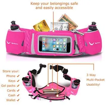 No.1 Hydration Belt by Runtasty - Premium Winners' Running Fuel Belt w/2 BPA-Free 10 oz Water Bottles, Tilt-Up Pocket w/Touchscreen-Ready Cover - Fits All iPhones, No-Bounce Design (Hot Pink)