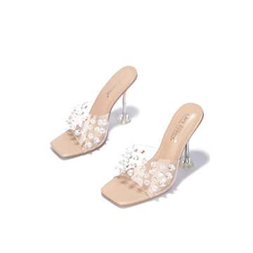 Cape Robbin Crystalline Icy Nude Clear Studded Open Toe High Heel Mule Sandals (9, Nude)