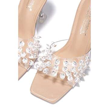 Cape Robbin Crystalline Icy Nude Clear Studded Open Toe High Heel Mule Sandals (9, Nude)