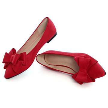 SAILING LU Bow-Knot Ballet Flats Womens Pointy Toe Flat Shoes Suede Dress Shoes Wear to Work Slip On Moccasins Christmas Red Size 7.5