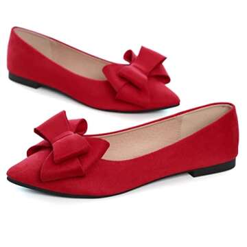 SAILING LU Bow-Knot Ballet Flats Womens Pointy Toe Flat Shoes Suede Dress Shoes Wear to Work Slip On Moccasins Christmas Red Size 7.5