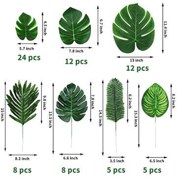 QUANQIUFEI 74 Pcs Artificial Palm Leaves - Tropical Fake Leaf Set for Weddings, Birthdays, & More