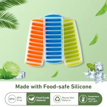 Lily's Home Silicone Narrow Ice Stick Cube Trays with Easy Push and Pop Out Material, Ideal for Sports and Water Bottles, Assorted Bright Colors (11" x 4 1/2" x 1", Set of 3)