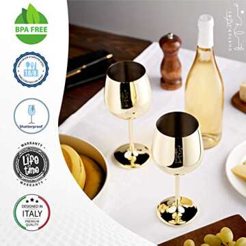 Gusto Nostro Stainless Steel Wine Glass - 18 oz Unbreakable Gold Wine Glasses for Travel, Camping an...