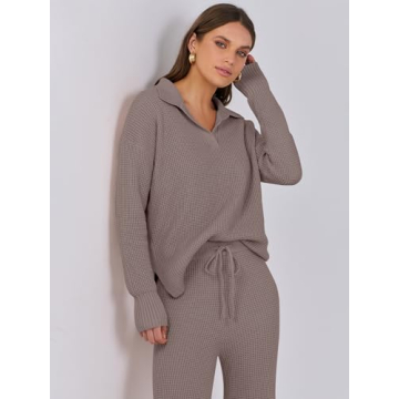 ANRABESS Womens Waffle Knit Sweater Pants Lounge Set