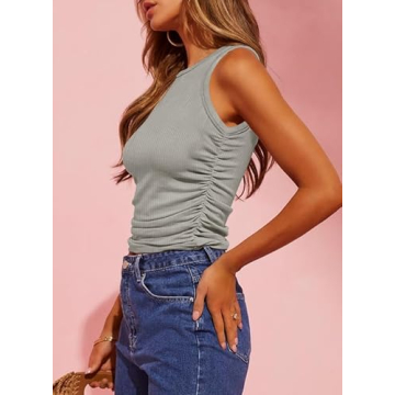 Dokotoo Ribbed Tank Tops for Women Summer Sleeveless Shirts Sexy Sleeveless Tops Crew Neck Racerback Grey Tank top Casual Slim Fitted Side Ruched Basic Knit Solid Color Shirts XX-Large