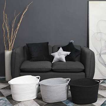 Sea Team 2-Pack Oval Cotton Rope Woven Storage Basket with Handles, Diaper Caddy, Nursery Nappies Organizer, Baby Shower Basket for Kid's Room, 14.2 x 9 x 11.4 Inches (Medium Size, Black)