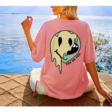 MISSACTIVER Women Oversized Graphic Print Tee Shirt Loose Short Sleeve Round Neck Drop Shoulder Tee Top Pullover Pink