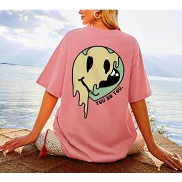 MISSACTIVER Women Oversized Graphic Print Tee Shirt Loose Short Sleeve Round Neck Drop Shoulder Tee Top Pullover Pink