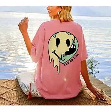 MISSACTIVER Women Oversized Graphic Print Tee Shirt Loose Short Sleeve Round Neck Drop Shoulder Tee Top Pullover Pink
