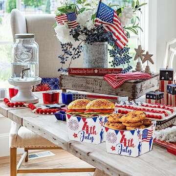 Caoekego 4th of July Snack Bowl Party Supplies 24 Pcs Independence Day Red White Blue Disposable Candy Holder Food Trays for Patriotic Themed Birthday Memorial Day Party Decorations
