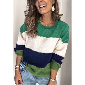 Angashion Women's Sweaters Casual Long Sleeve Crewneck Color Block Patchwork Pullover Knit Sweater Tops Green Medium
