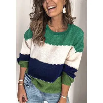 Angashion Women's Sweaters Casual Long Sleeve Crewneck Color Block Patchwork Pullover Knit Sweater Tops Green Medium