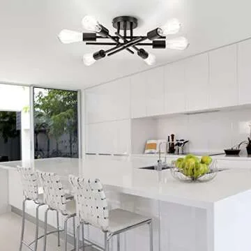 BrkNit Sputnik Chandeliers, Modern Semi Flush Mount Ceiling Light with E26 Base, Mid Century Industrial Kitchen Farmhouse Light Fixtures for Bedroom Living Room (Black, Ceiling 6 Lights)