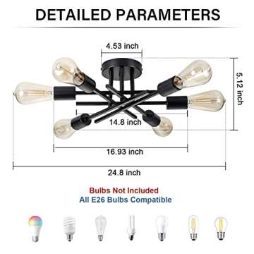 BrkNit Sputnik Chandeliers, Modern Semi Flush Mount Ceiling Light with E26 Base, Mid Century Industrial Kitchen Farmhouse Light Fixtures for Bedroom Living Room (Black, Ceiling 6 Lights)