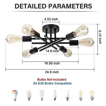 BrkNit Sputnik Chandeliers, Modern Semi Flush Mount Ceiling Light with E26 Base, Mid Century Industrial Kitchen Farmhouse Light Fixtures for Bedroom Living Room (Black, Ceiling 6 Lights)
