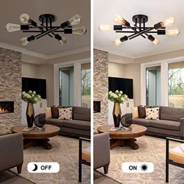 BrkNit Sputnik Chandeliers, Modern Semi Flush Mount Ceiling Light with E26 Base, Mid Century Industrial Kitchen Farmhouse Light Fixtures for Bedroom Living Room (Black, Ceiling 6 Lights)