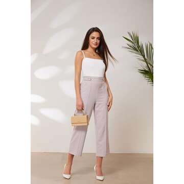 GRACE KARIN Women's Straight Leg Cropped Pants Elastic Waist Business Casual Capris Palazzo Trousers Slacks with Pocket Light Pink L