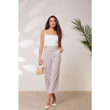 GRACE KARIN Women's Straight Leg Cropped Pants Elastic Waist Business Casual Capris Palazzo Trousers Slacks with Pocket Light Pink L