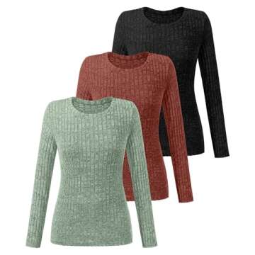 Huukeay 3 Pack Women's Long Sleeve Sweaters, Lightweight Crew Neck Shirts Regular Fit Tunic Tops Cas...