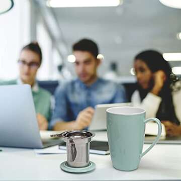 amhomel Porcelain Tea Mug with Infuser and Lid, 16 Ounce Ceramic Tea Cup for Loose Leaf, Coffee, Cocoa and Milk, Tea Gift for Tea Lovers, Set of 2(Green and White)