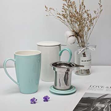 amhomel Porcelain Tea Mug with Infuser and Lid, 16 Ounce Ceramic Tea Cup for Loose Leaf, Coffee, Cocoa and Milk, Tea Gift for Tea Lovers, Set of 2(Green and White)