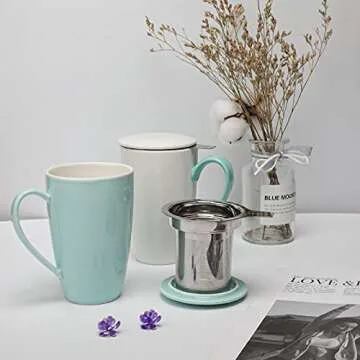 amhomel Porcelain Tea Mug with Infuser and Lid, 16 Ounce Ceramic Tea Cup for Loose Leaf, Coffee, Cocoa and Milk, Tea Gift for Tea Lovers, Set of 2(Green and White)