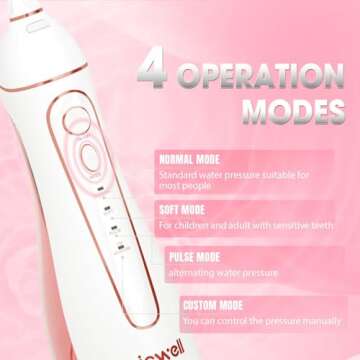 Water Dental Flosser Cordless for Teeth - Nicwell 4 Modes Dental Oral Irrigator, Portable and Rechargeable IPX7 Waterproof Powerful Battery Life Water Teeth Cleaner Picks for Home Travel