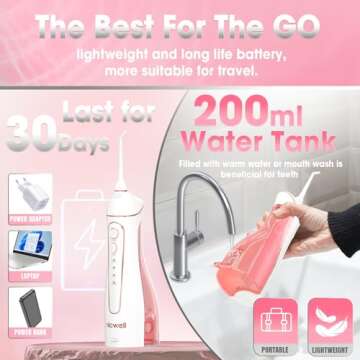 Water Dental Flosser Cordless for Teeth - Nicwell 4 Modes Dental Oral Irrigator, Portable and Rechargeable IPX7 Waterproof Powerful Battery Life Water Teeth Cleaner Picks for Home Travel