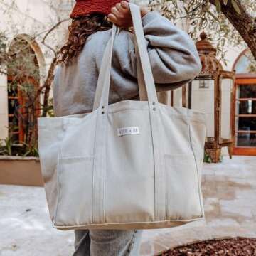 Extra Large Canvas Tote Bag - Utility with 2 Front Pockets and Laptop Sleeve, heavy duty everyday tote