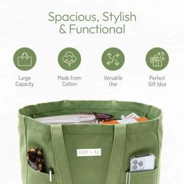 Extra Large Canvas Tote Bag - Utility with 2 Front Pockets and Laptop Sleeve, heavy duty everyday tote