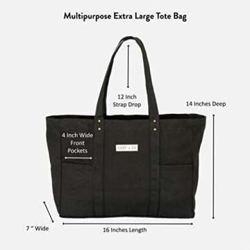 Extra Large Canvas Tote Bag - Utility with 2 Front Pockets and Laptop Sleeve, heavy duty everyday tote