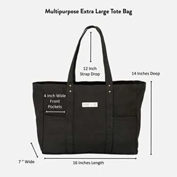 Extra Large Canvas Tote Bag - Utility with 2 Front Pockets and Laptop Sleeve, heavy duty everyday tote