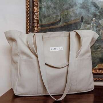 Extra Large Canvas Tote Bag - Utility with 2 Front Pockets and Laptop Sleeve, heavy duty everyday tote