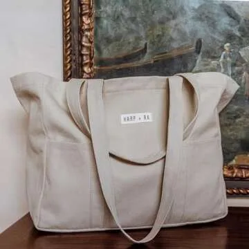 Extra Large Canvas Tote Bag - Utility with 2 Front Pockets and Laptop Sleeve, heavy duty everyday tote