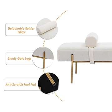Elegant Guyou 55" White Faux Fur Ottoman Bench with Gold Legs