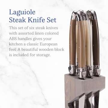 Jean Dubost Laguiole 6-Piece Steak Knife Set - Elegant Linen Handles with Wooden Block