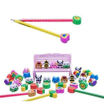XANADU 35 PCS Pencil Top Erasers, Animal Pencil Erasers Toppers, Cute Heart Cap Erasers for Kids Back to School, Classroom Prize
