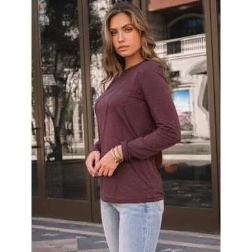 AUTOMET Womens Long Sleeve Shirts Pleated Crew Neck Casual Fall Fashion Tops Loose Fit Lightweight Girls Outfits Clothes WineRed L