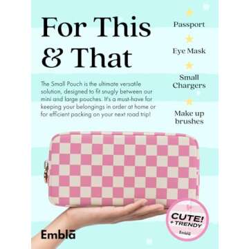 Makeup Bag Travel Cosmetics Pouch and Toiletry Bag, Nylon Zipper Pouch Purse, Cute Make Up Organizer Storage Tote for Women Girls, Travel Skincare Case, Small Makeup Case, Flamingo Checkered