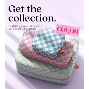 Makeup Bag Travel Cosmetics Pouch and Toiletry Bag, Nylon Zipper Pouch Purse, Cute Make Up Organizer Storage Tote for Women Girls, Travel Skincare Case, Small Makeup Case, Flamingo Checkered