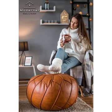 Moderner Faux Leather Pouf Unstuffed Ottoman Moroccan Footstool, Floor Footrest Cushion, Storage Sol...