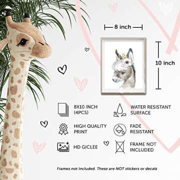 Designs by Maria Inc. Set of 4 UNFRAMED Farm animal kids nursery decor | Cute animal pictures | Animal posters safari wall decor | Farm Animal with Floral Crown Wall Art | Farmhouse Artwork (8"x10")