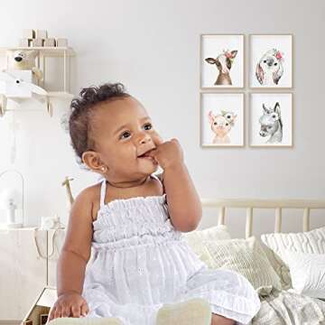 Designs by Maria Inc. Set of 4 UNFRAMED Farm animal kids nursery decor | Cute animal pictures | Animal posters safari wall decor | Farm Animal with Floral Crown Wall Art | Farmhouse Artwork (8"x10")