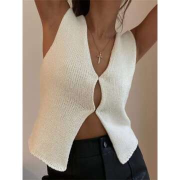 Women Crochet Knit Vest Sleeveless Button Down Vintage Knitted Vest Tops Y2k Streetwear White M