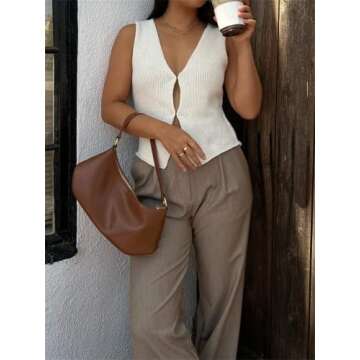 Women Crochet Knit Vest Sleeveless Button Down Vintage Knitted Vest Tops Y2k Streetwear White M