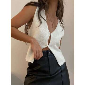 Women Crochet Knit Vest Sleeveless Button Down Vintage Knitted Vest Tops Y2k Streetwear White M