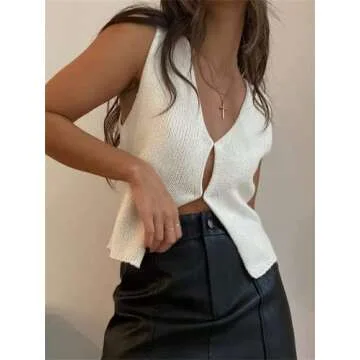 Women Crochet Knit Vest Sleeveless Button Down Vintage Knitted Vest Tops Y2k Streetwear White M