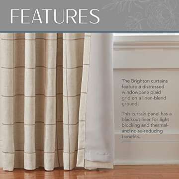 Elrene Home Fashions Brighton Windowpane Plaid Blackout Window Curtain, Living Room and Bedroom Drape with Rod Pocket Tabs, 52" x 84", Linen, 1 Panel