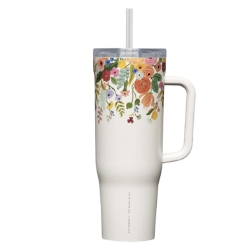 Corkcicle x Rifle Paper Co. Cruiser Insulated Tumbler with Handle and Straw, Garden Party Cream, 40 ...